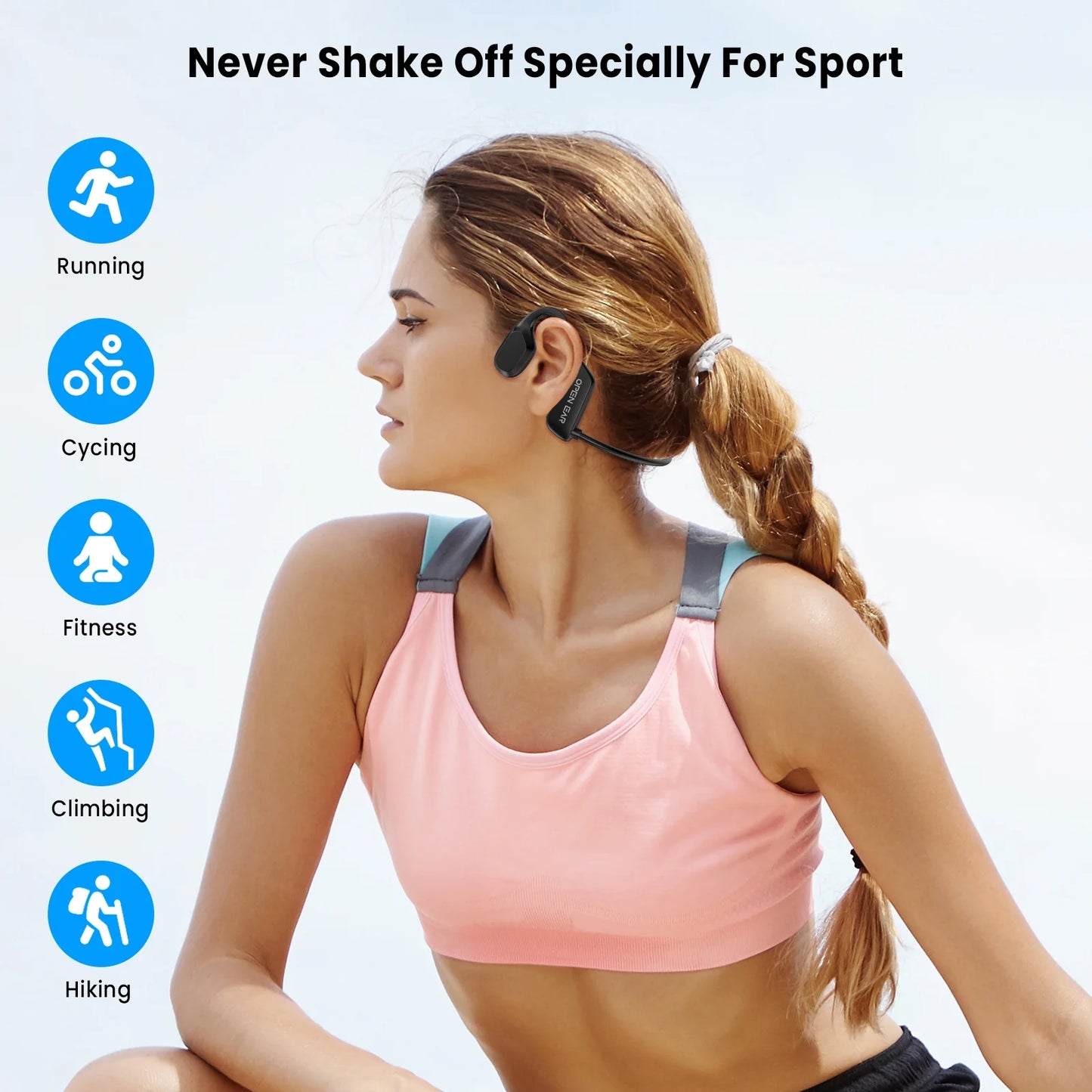 Open Ear Air Conduction Headphone, Wireless Bluetooth Earbuds 8H Playtimes Sports Earphones with Mic, Sweatproof Earbuds for Hiking, Cycling, Black