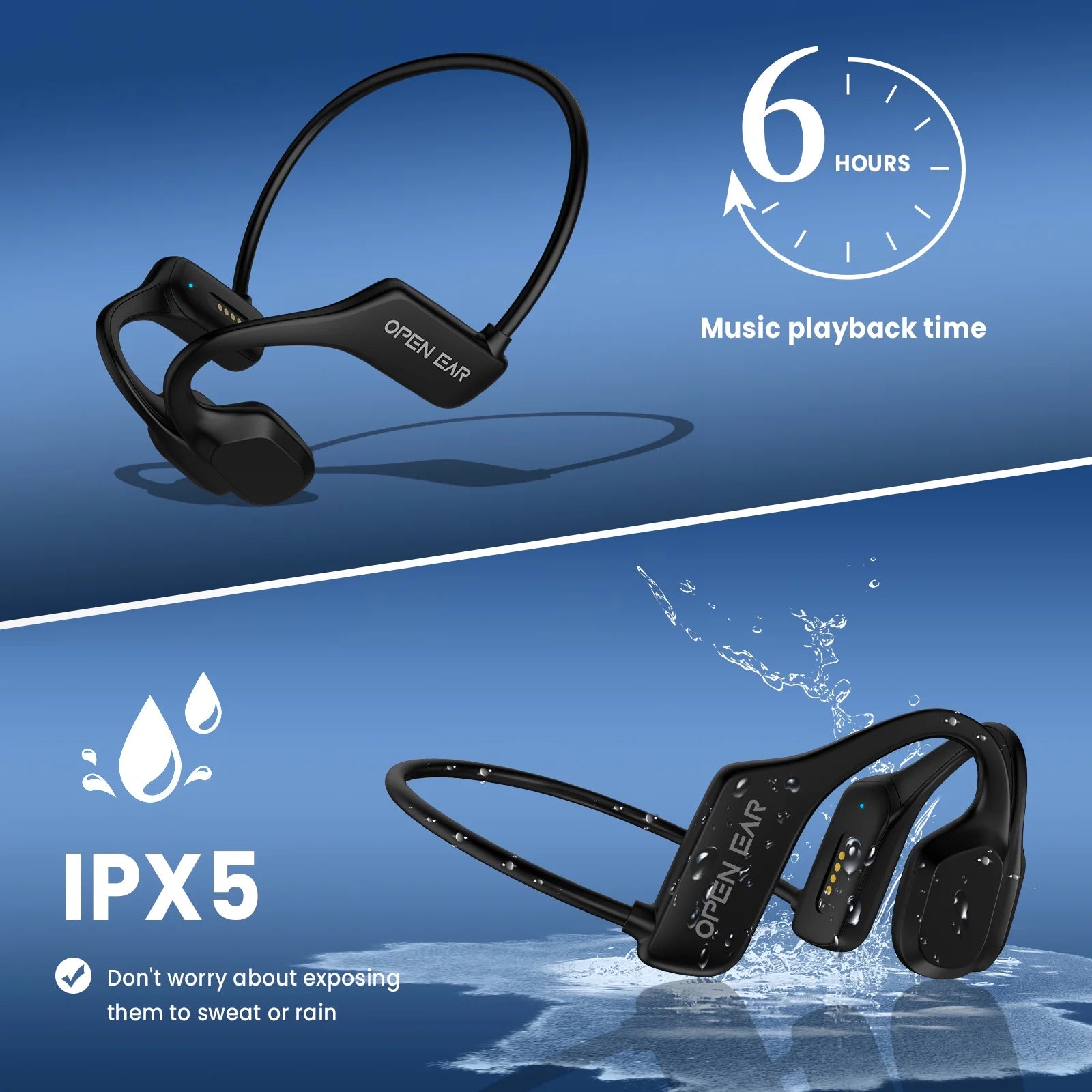 Open Ear Air Conduction Headphone, Wireless Bluetooth Earbuds 8H Playtimes Sports Earphones with Mic, Sweatproof Earbuds for Hiking, Cycling, Black